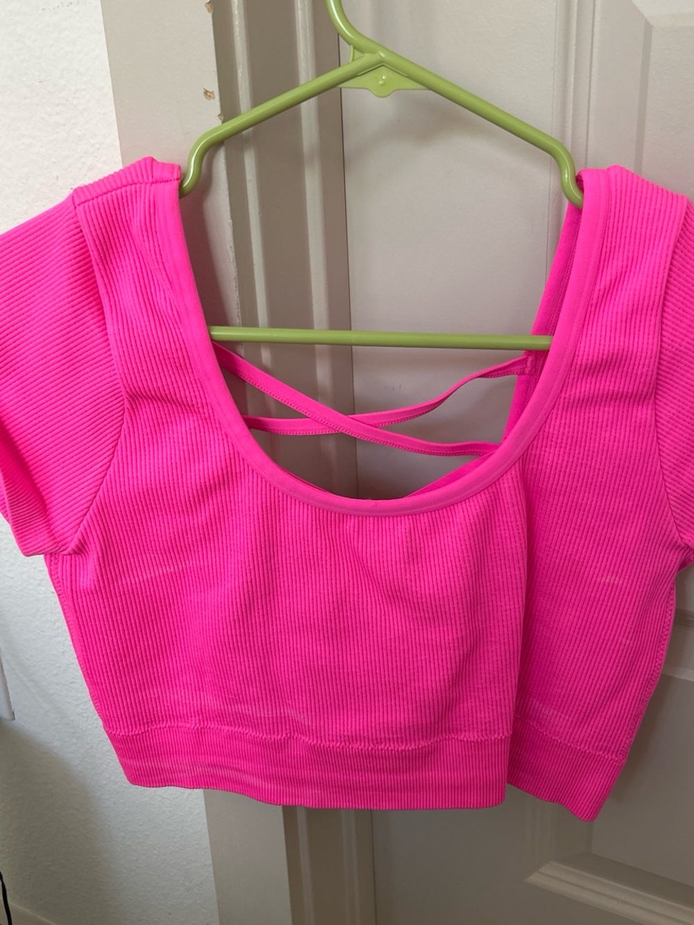 aerie Hot Pink Ribbed Scoop Neck Crop Top with Crisscross Back